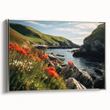 Framed canvas wall art showcasing a serene countryside landscape, featuring lush green fields and a clear blue sky, highlighted by a sleek silver frame. Perfect for home or office decor.