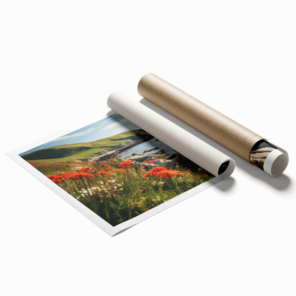 Rolled print of a vibrant countryside landscape wall art design, showcasing lush green fields and a serene blue sky, ideal for home decor and art enthusiasts.