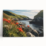 Stretched canvas wall art showcasing a serene countryside landscape design, featuring vibrant greens and soft blues, elegantly leaning against a neutral wall. Perfect for adding a rustic charm to home decor.