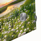 Close-up of a vibrant acrylic glass artwork showcasing a serene countryside landscape, featuring lush green fields and a clear blue sky, ideal for home decor.