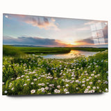 Acrylic glass wall art showcasing a picturesque countryside landscape design, featuring vibrant colors and intricate details, displayed in a stylish side view with decorative pins. Perfect for home decor enthusiasts seeking a nature-inspired aesthetic.