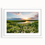 Framed wall art showcasing a serene countryside landscape design with a white mat and sleek frame, ideal for home decor and interior design enthusiasts.