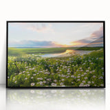 Framed acrylic wall art featuring a serene countryside landscape design, showcasing vibrant greens and blues, ideal for home decor or office spaces.