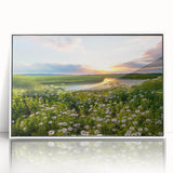 Framed wall art featuring a serene countryside landscape design in vibrant colors, showcasing rolling hills and a clear blue sky, perfect for home decor.