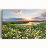 Stretched canvas wall art showcasing a serene countryside landscape with vibrant green fields and a blue sky, perfect for home decor. Ideal for enhancing interior spaces.