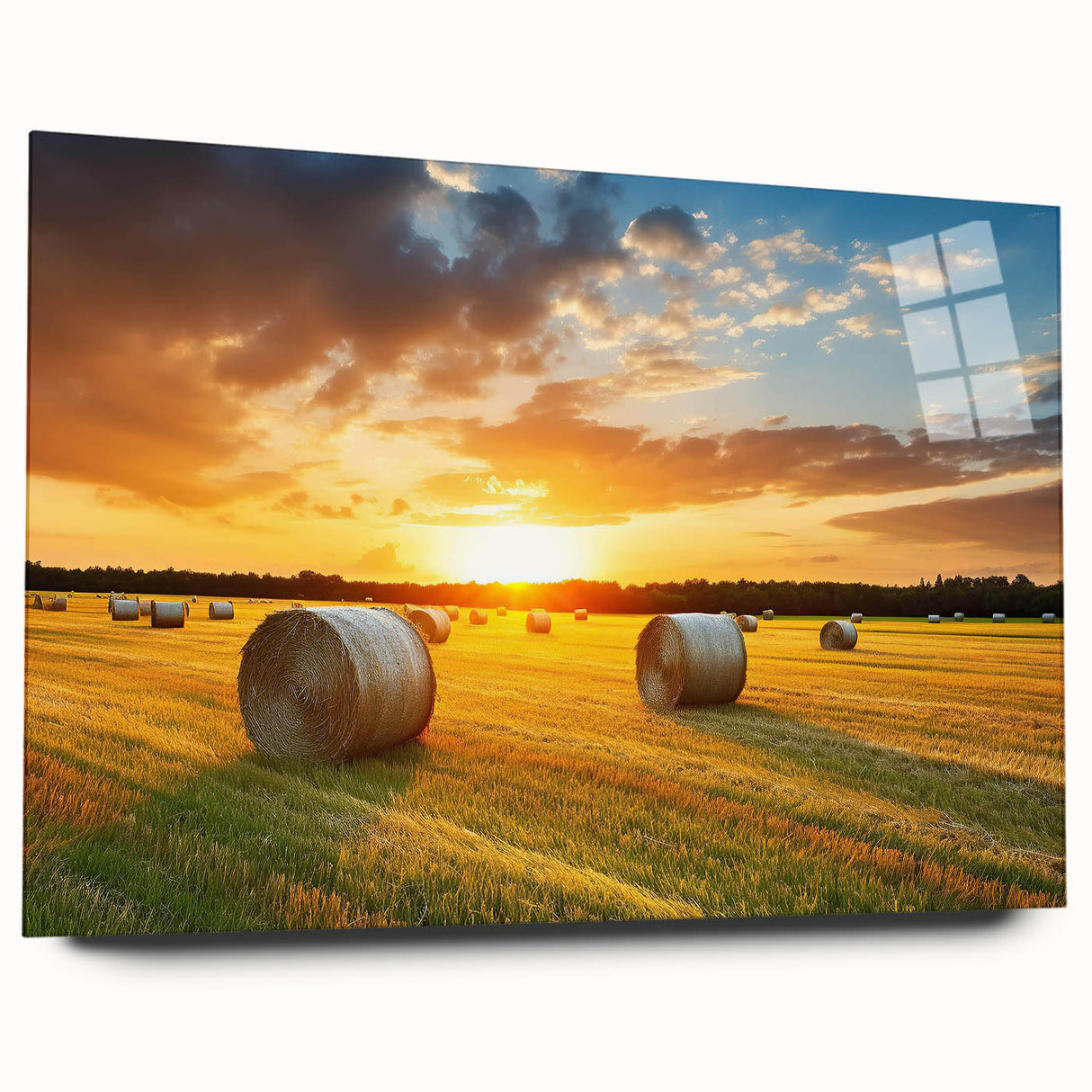 Acrylic glass wall art depicting a serene countryside landscape design, showcasing vibrant colors and intricate details, perfect for home decor.
