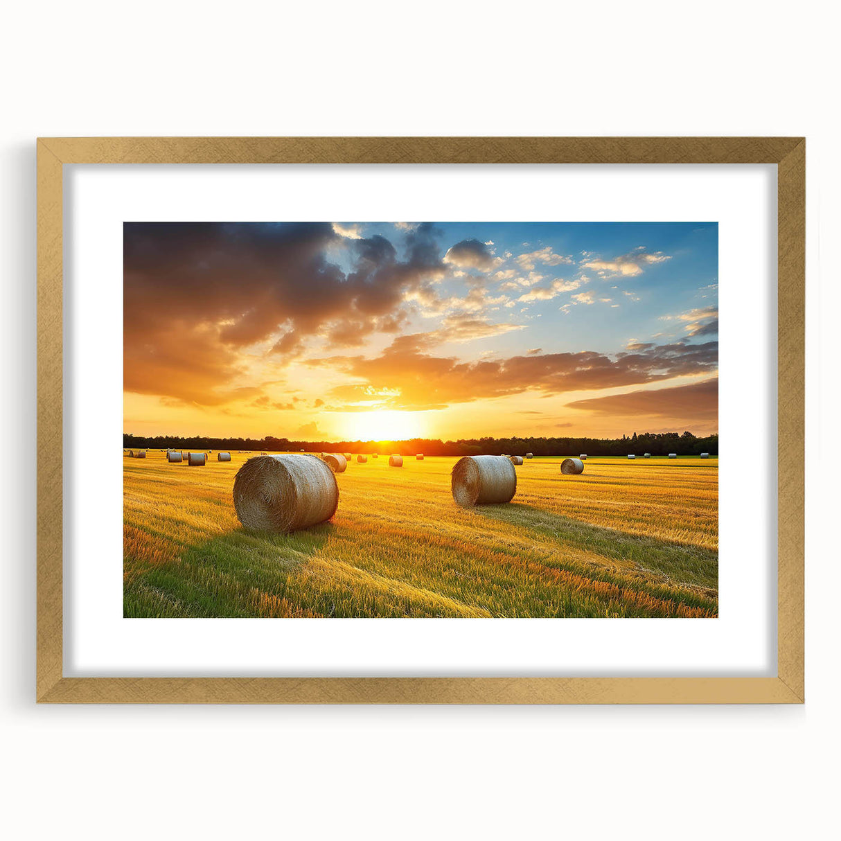 Elegant gold-framed wall art showcasing a picturesque countryside landscape design, complete with a mat for added depth, enhancing home decor aesthetics.