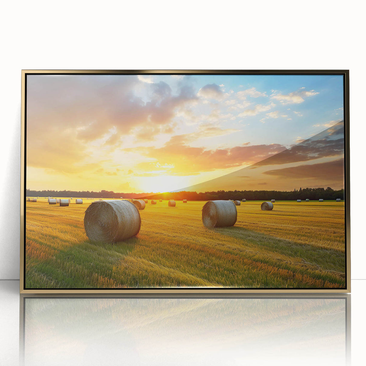 Framed acrylic wall art featuring a vibrant countryside landscape design with gold accents, showcasing lush greenery and rolling hills, perfect for home decor.