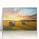 Framed acrylic wall art showcasing a serene countryside landscape, featuring vibrant greens and blues, elegantly displayed with a white frame for a contemporary aesthetic. Perfect for enhancing any living space or office decor.