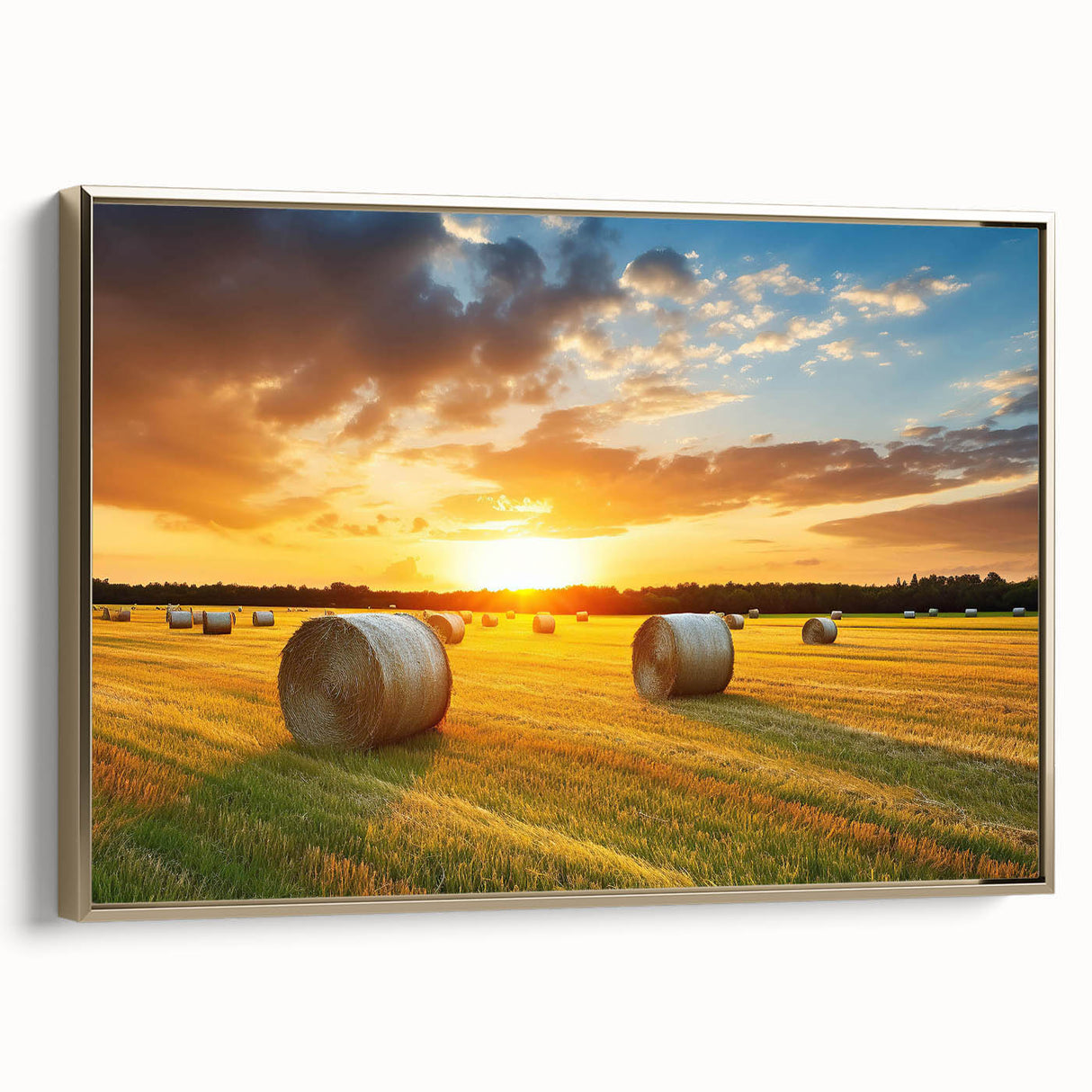 Framed canvas wall art showcasing a serene countryside landscape with golden accents, perfect for adding elegance to home decor. Ideal for nature lovers.