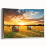 Framed canvas wall art featuring a serene countryside landscape design, showcasing vibrant greens and blues, elegantly bordered with a silver frame, ideal for enhancing home decor.