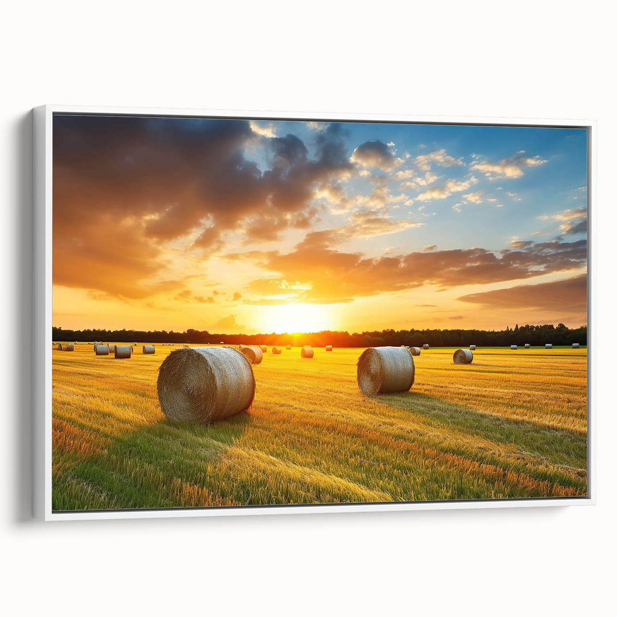 Framed canvas wall art showcasing a serene countryside landscape with rolling hills and vibrant greenery, perfect for home decor in modern settings.