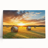 Stretched canvas wall art showcasing a serene countryside landscape with lush greenery and a vibrant sunset, perfect for home decor and creating a calming atmosphere.