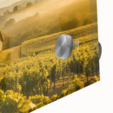 Close-up of a vibrant acrylic glass wall art piece depicting a serene countryside landscape, showcasing lush green fields and a tranquil sky, perfect for home decor.