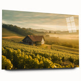 Acrylic glass wall art showcasing a serene countryside landscape, featuring vibrant green fields and blue skies, ideal for enhancing modern home decor.