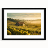Framed black wall art featuring a serene countryside landscape design, showcasing vibrant greens and blues, ideal for home decor in living spaces.