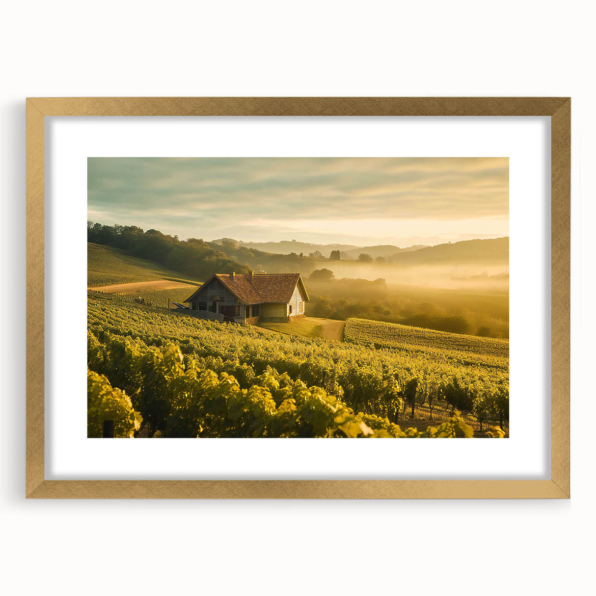 Elegant framed wall art showcasing a serene countryside landscape design, featuring vibrant green fields and a golden frame, perfect for home decor accents.