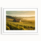 Framed wall art featuring a serene countryside landscape, showcasing lush green fields and blue skies, presented in a white mat for an elegant touch.