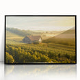 Framed wall art featuring a serene countryside landscape design with vibrant greens and blues, showcased in a sleek black frame, ideal for home decor enhancement.