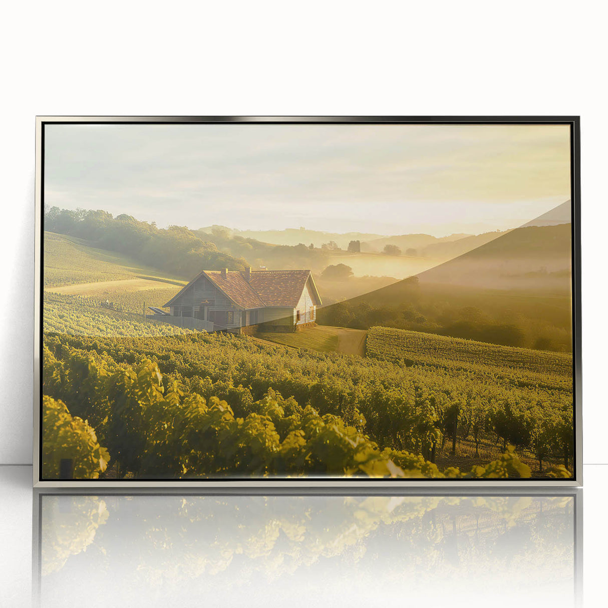Framed wall art collection showcasing a serene countryside landscape design, featuring vibrant colors and intricate details, mounted in a sleek silver frame for modern decor.