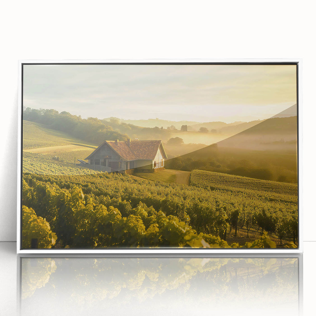Framed acrylic wall art featuring a serene countryside landscape, showcasing rolling hills and a vibrant sky, ideal for home decor and interior design.