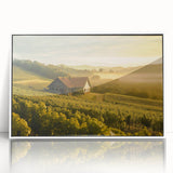 Framed acrylic wall art featuring a serene countryside landscape, showcasing rolling hills and a vibrant sky, ideal for home decor and interior design.