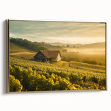 Framed canvas wall art featuring a serene countryside landscape with lush green fields and a golden frame, perfect for enhancing home decor and creating a tranquil atmosphere.