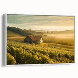 Framed canvas wall art showcasing a serene countryside landscape design, featuring vibrant greens and blues, enhancing any room's decor with a touch of nature.