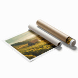 Vibrant rolled print of a serene countryside landscape, showcasing rolling hills, a clear blue sky, and lush greenery, perfect for home decor or wall art collection.