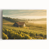 Stretched canvas wall art featuring a serene countryside landscape with rolling hills, lush greenery, and a clear blue sky, perfect for home decor.