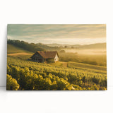 Stretched canvas wall art featuring a serene countryside landscape, showcasing lush green fields, rolling hills, and a vibrant blue sky, perfect for home decor.