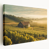 Stretched canvas wall art featuring a serene countryside landscape design, showcasing vibrant green fields and rolling hills under a blue sky, perfect for home decor.