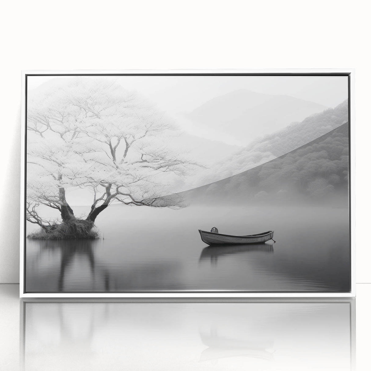 Framed wall art of a serene countryside landscape with vibrant green fields and a clear blue sky, displayed in a sleek white frame, ideal for home decor.