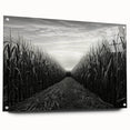 Acrylic glass wall art showcasing a serene countryside landscape design, featuring vibrant colors and intricate details, displayed in a side view with pins for hanging.
