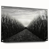 Acrylic glass wall art showcasing a serene countryside landscape design, featuring vibrant colors and intricate details, displayed in a side view with pins for hanging.