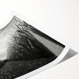 Rolled print of a serene countryside landscape featuring lush green fields, a clear blue sky, and rustic farmhouses, ideal for home decor and art collectors.