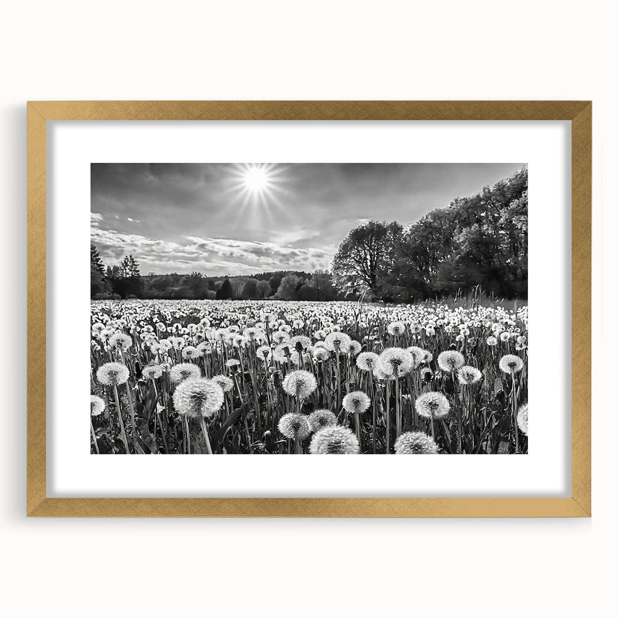 Framed wall art showcasing a serene countryside landscape design, featuring rich green fields and a golden frame with matting, perfect for home decor.