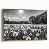 Framed canvas wall art showcasing a serene countryside landscape with vibrant green fields and distant hills, accented by a stylish gold frame, perfect for home decor.