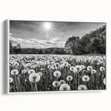 Framed canvas wall art showcasing a serene countryside landscape design, featuring lush green fields and a tranquil blue sky, ideal for home decor.