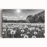 Stretched canvas wall art showcasing a serene countryside landscape, featuring lush green fields, a clear blue sky, and distant hills, perfect for home decor.