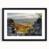 Framed wall art showcasing a serene countryside landscape, featuring vibrant green fields and a clear blue sky, designed to enhance home decor with a modern black frame and mat.
