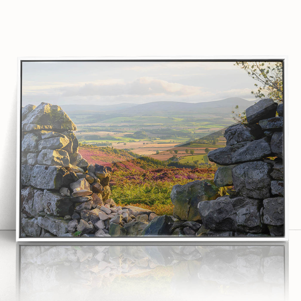 Framed wall art collection showcasing a serene countryside landscape design, featuring vibrant colors and intricate details, set in a sleek white frame for elegant home decor.