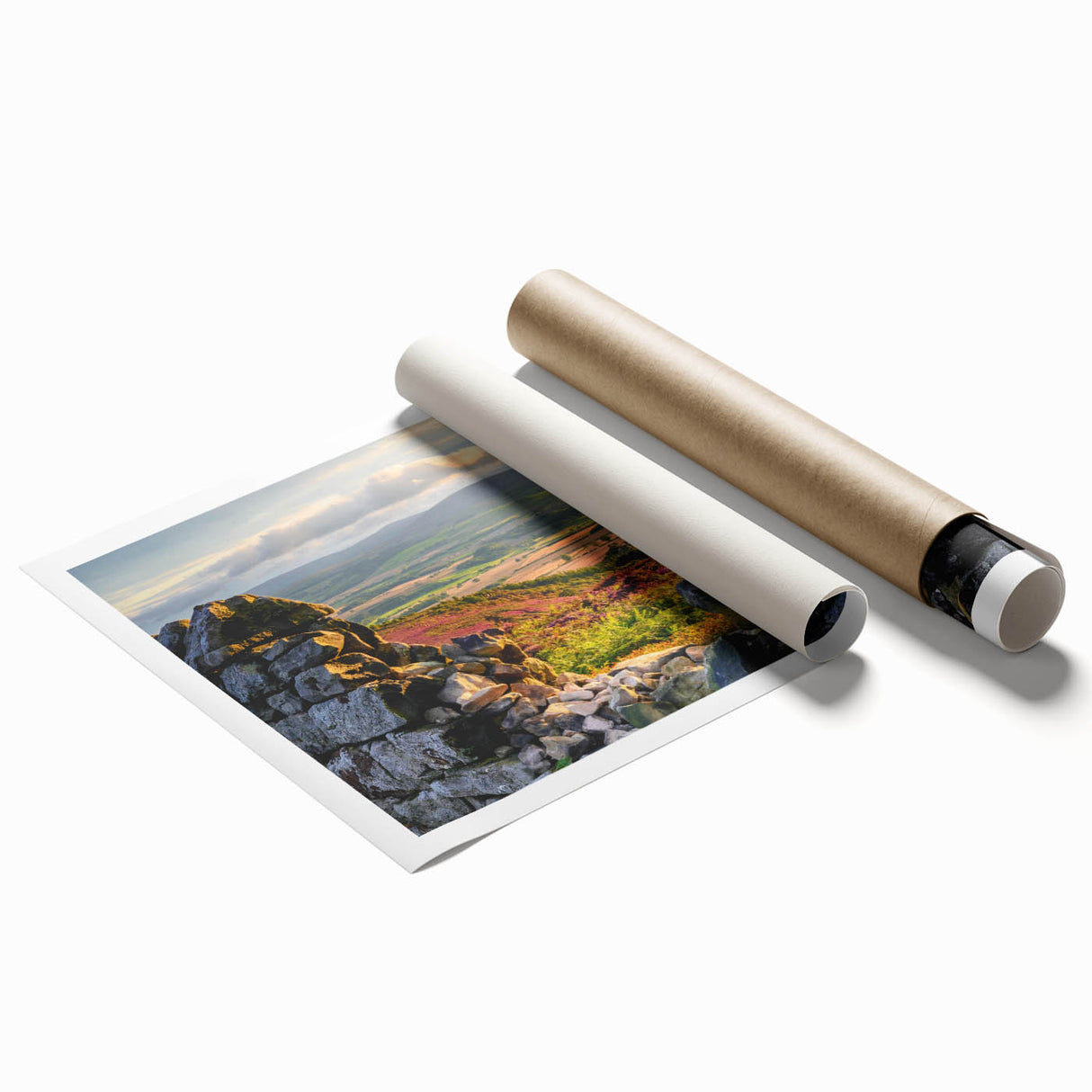 Vibrant rolled print of a serene countryside landscape featuring lush green fields, rolling hills, and a clear blue sky, ideal for home decor.