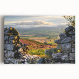 Stretched canvas wall art showcasing a serene countryside landscape with rolling hills, vibrant greenery, and a clear blue sky, ideal for home decor.