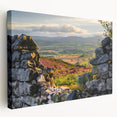 Stretched canvas wall art showcasing a serene countryside landscape, featuring vibrant greens and a clear blue sky, ideal for rustic home decor.