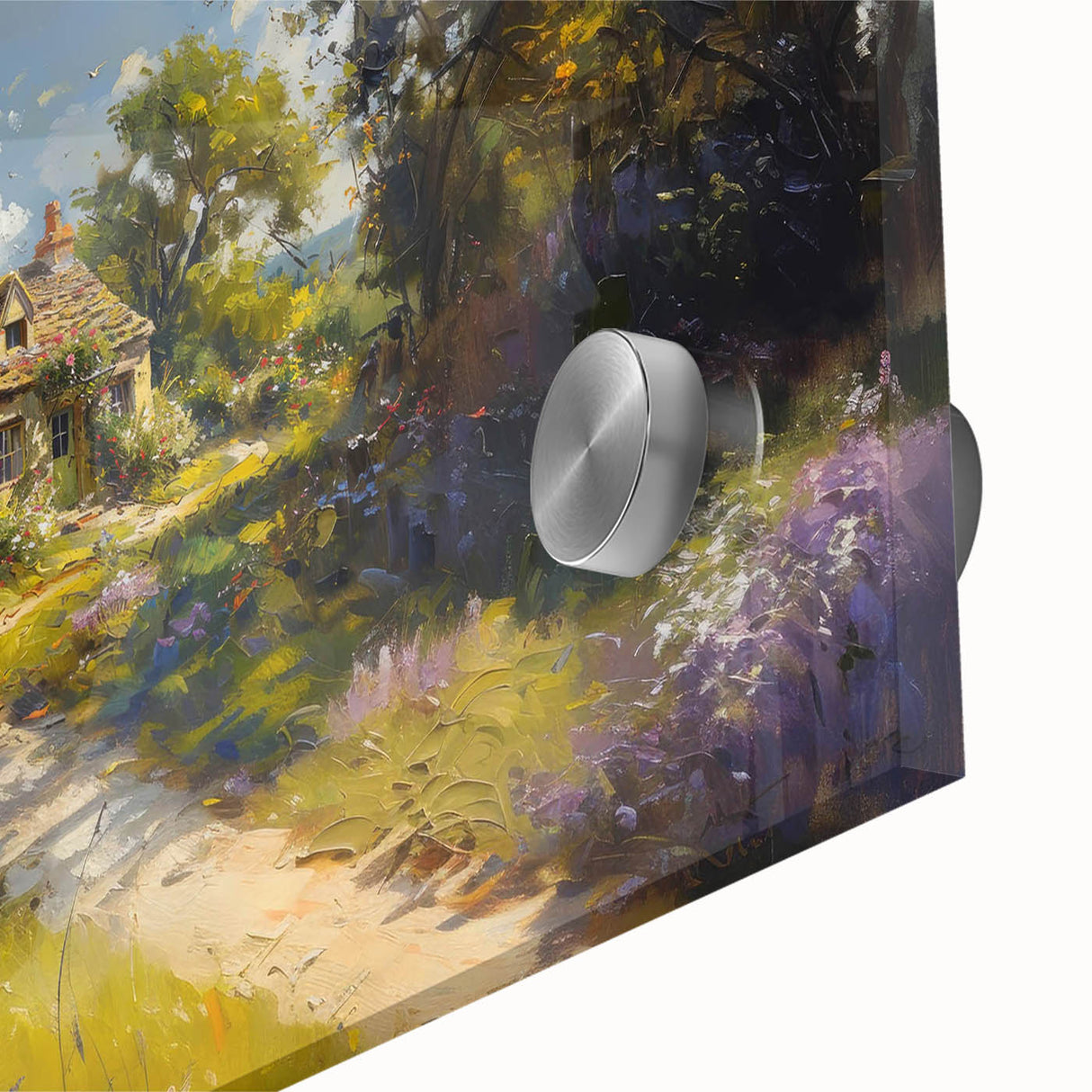 Close-up of a vibrant acrylic glass wall art piece showcasing a serene countryside landscape, featuring lush green fields and a clear blue sky, ideal for home decor.