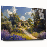 Acrylic glass wall art collection showcasing a serene countryside landscape design, featuring vibrant colors and intricate details, elegantly displayed with pins on a neutral background. Perfect for home decor enthusiasts seeking nature-inspired accents.