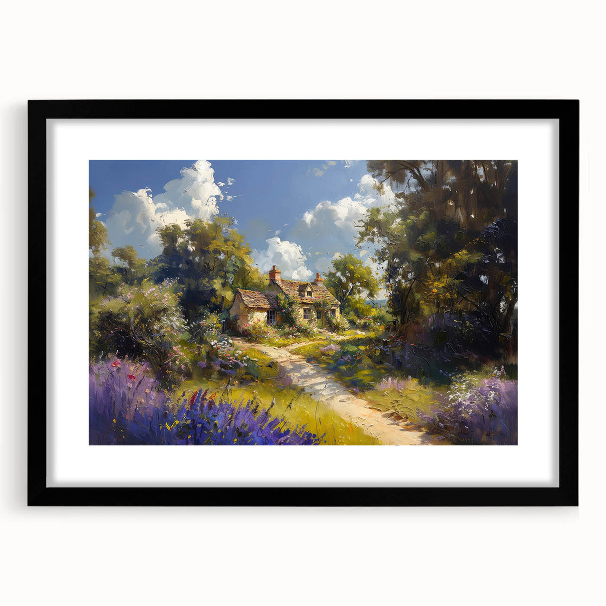 Framed wall art featuring a serene countryside landscape design, presented in a black frame with a mat, ideal for home decor and enhancing interior aesthetics.
