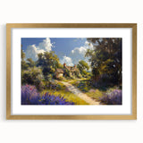 Framed wall art collection showcasing a serene countryside landscape design with gold matting, perfect for enhancing home decor in living spaces or offices.
