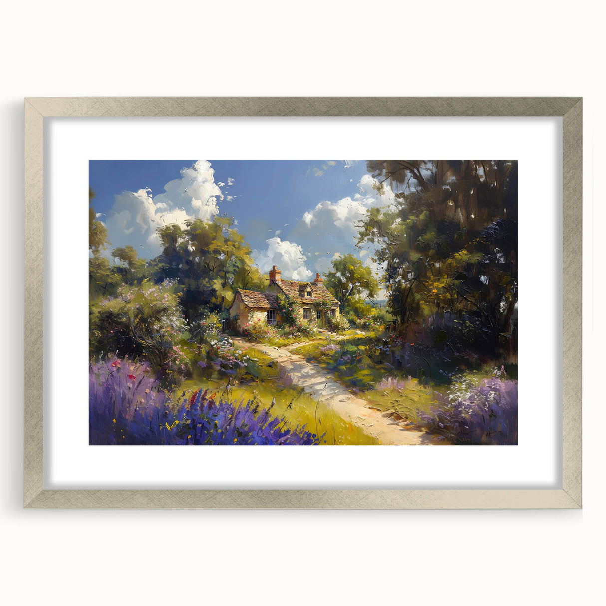 Framed wall art of a serene countryside landscape, featuring vibrant green fields and a clear blue sky, presented in a sleek silver frame with a mat.